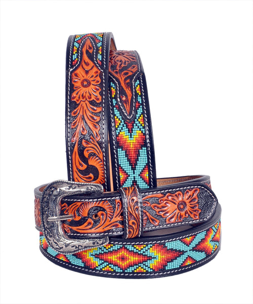 Handmade Western Rodeo Heavy Duty Beaded Full-Grain Leather Tooled Belt Unisex with Removable Buckle  30IS109