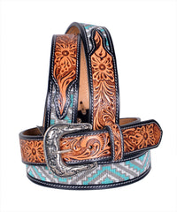 Handmade Western Rodeo Heavy Duty Beaded Full-Grain Leather Tooled Belt Unisex with Removable Buckle  30IS107