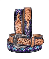 Handmade Western Rodeo Heavy Duty Beaded Full-Grain Leather Tooled Belt Unisex with Removable Buckle  30IS105