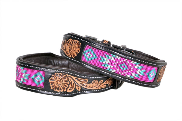 Western Style Beaded and Tooled Leather Dog Collar With Padded Soft Lining 10IS004