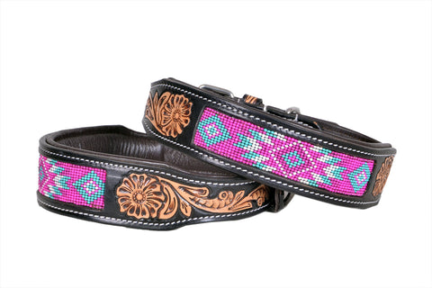 Western Style Beaded and Tooled Leather Dog Collar With Padded Soft Lining 10IS004