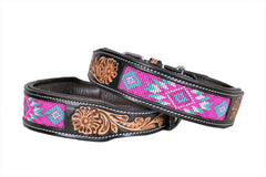 Western Style Beaded and Tooled Leather Dog Collar With Padded Soft Lining 10IS004