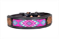 Western Style Beaded and Tooled Leather Dog Collar With Padded Soft Lining 10IS004