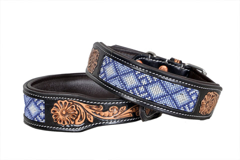 Western Style Beaded and Tooled Leather Dog Collar With Padded Soft Lining 10IS005