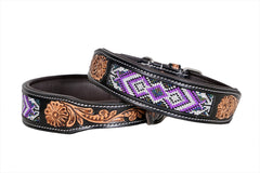 Western Style Beaded and Tooled Leather Dog Collar With Padded Soft Lining 10IS003