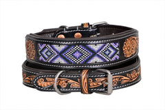 Western Style Beaded and Tooled Leather Dog Collar With Padded Soft Lining 10IS006