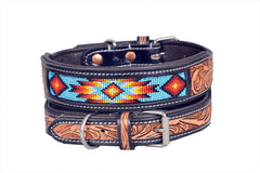 Western Style Beaded and Tooled Leather Dog Collar With Padded Soft Lining 10IS007