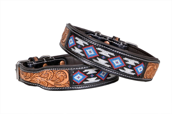 Western Style Beaded and Tooled Leather Dog Collar With Padded Soft Lining 10IS008