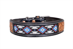 Western Style Beaded and Tooled Leather Dog Collar With Padded Soft Lining 10IS008