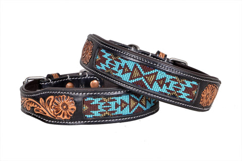 Western Style Beaded and Tooled Leather Dog Collar With Padded Soft Lining 10IS009