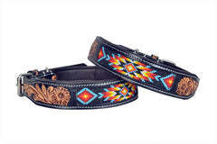 Western Style Beaded and Tooled Leather Dog Collar With Padded Soft Lining 10IS010