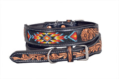 Western Style Beaded and Tooled Leather Dog Collar With Padded Soft Lining 10IS010