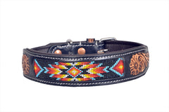 Western Style Beaded and Tooled Leather Dog Collar With Padded Soft Lining 10IS010