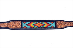 Western Style Beaded and Tooled Leather Dog Collar With Padded Soft Lining 10IS011