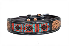 Western Style Beaded and Tooled Leather Dog Collar With Padded Soft Lining 10IS013