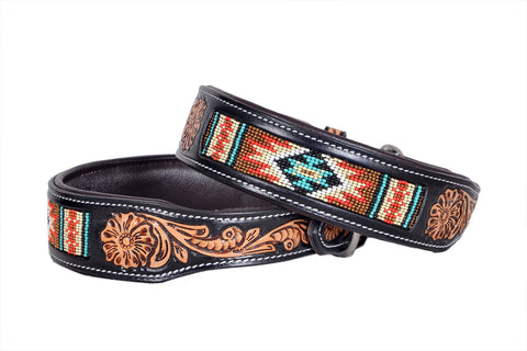 Western Style Beaded and Tooled Leather Dog Collar With Padded Soft Lining 10IS014