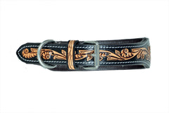 Western Style Beaded and Tooled Leather Dog Collar With Padded Soft Lining 10IS014