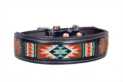 Western Style Beaded and Tooled Leather Dog Collar With Padded Soft Lining 10IS014