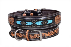 Western Style Beaded and Tooled Leather Dog Collar With Padded Soft Lining 10IS015