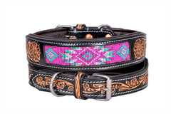 Western Style Beaded and Tooled Leather Dog Collar With Padded Soft Lining 10IS004