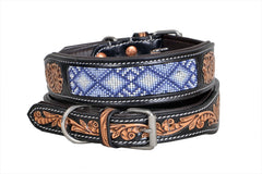 Western Style Beaded and Tooled Leather Dog Collar With Padded Soft Lining 10IS005