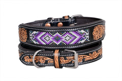 Western Style Beaded and Tooled Leather Dog Collar With Padded Soft Lining 10IS003