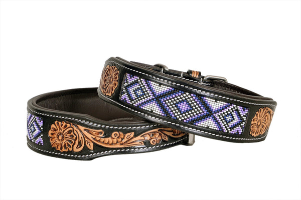 Western Style Beaded and Tooled Leather Dog Collar With Padded Soft Lining 10IS006