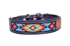 Western Style Beaded and Tooled Leather Dog Collar With Padded Soft Lining 10IS007