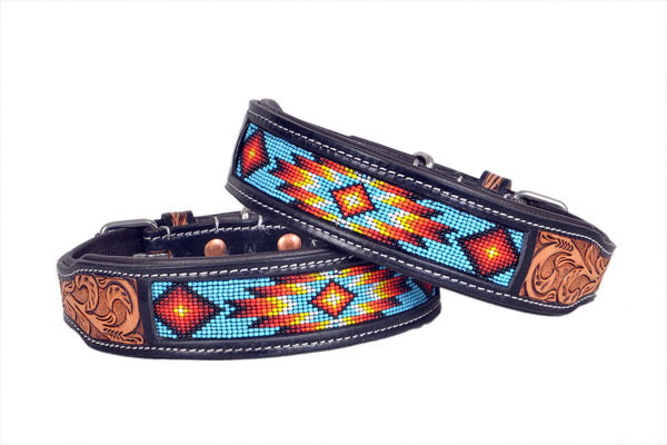 Western Style Beaded and Tooled Leather Dog Collar With Padded Soft Lining 10IS007