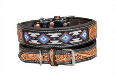 Western Style Beaded and Tooled Leather Dog Collar With Padded Soft Lining 10IS008