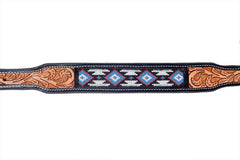 Western Style Beaded and Tooled Leather Dog Collar With Padded Soft Lining 10IS008