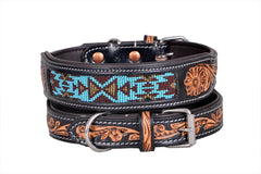 Western Style Beaded and Tooled Leather Dog Collar With Padded Soft Lining 10IS009