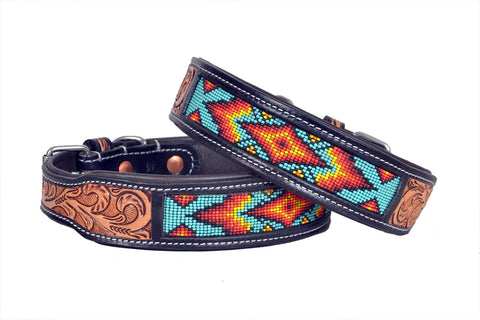 Western Style Beaded and Tooled Leather Dog Collar With Padded Soft Lining 10IS011