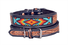 Western Style Beaded and Tooled Leather Dog Collar With Padded Soft Lining 10IS011