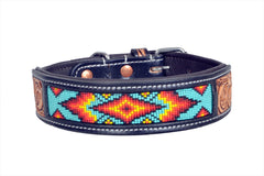 Western Style Beaded and Tooled Leather Dog Collar With Padded Soft Lining 10IS011