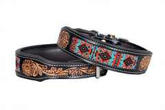 Western Style Beaded and Tooled Leather Dog Collar With Padded Soft Lining 10IS013