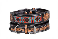 Western Style Beaded and Tooled Leather Dog Collar With Padded Soft Lining 10IS013