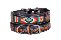 Western Style Beaded and Tooled Leather Dog Collar With Padded Soft Lining 10IS014