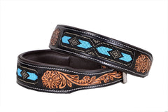 Western Style Beaded and Tooled Leather Dog Collar With Padded Soft Lining 10IS015