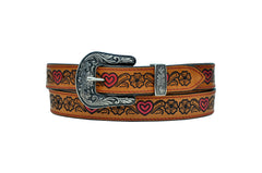 Western Heart Shape Tooled Leather Belt  For Young Girls and small Size Women with Removable Buckle 40AB002