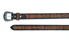 Western Floral Tooled Leather Belt  For Young Girls and small Size Women with Removable Buckle 40AB003