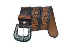 Western Floral Tooled Leather Belt  For Young Girls and small Size Women with Removable Buckle 40AB003