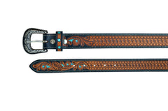 Western Tooled Leather Belt  For Young Kids and small Size Boys and Girls with Removable Buckle 40AB005