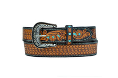 Western Tooled Leather Belt  For Young Kids and small Size Boys and Girls with Removable Buckle 40AB005