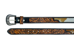 Western Tooled Cowhide Leather Belt  For Young Kids and small Size Boys and Girls with Removable Buckle 40AB007