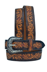 Western Floral Tooled Leather Belt  For Young Girls and small Size Women with Removable Buckle 40AB003