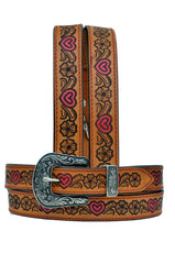 Western Heart Shape Tooled Leather Belt  For Young Girls and small Size Women with Removable Buckle 40AB002