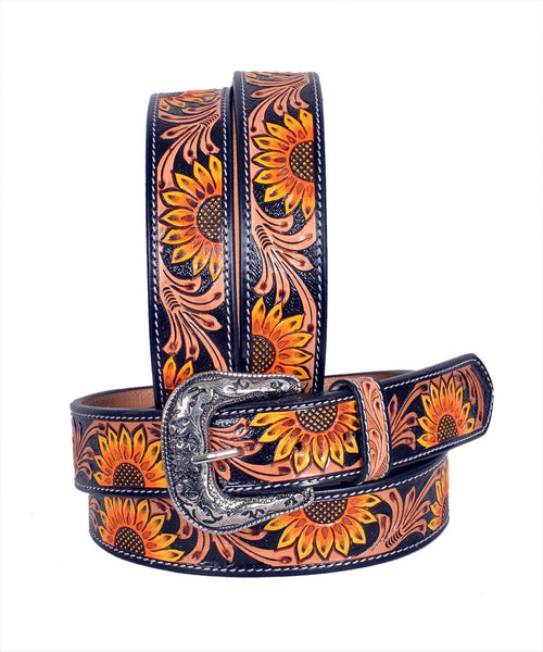 Genuine Leather Western Hand Tooled and Hand Painted Floral Belt  with Removable Buckle 30IS004