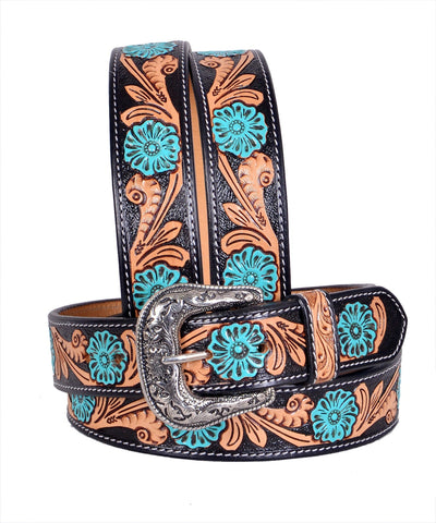 Genuine Leather Western Hand Tooled and Hand Painted Floral Belt  with Removable Buckle 30IS003