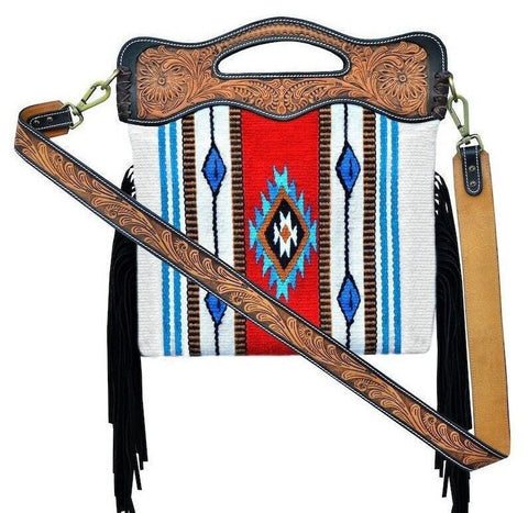 Saddle Blanket Western Style Bag Cowgirl Bag with Fringes,  Hand Tooled Strap and Handle Panels 20AB007R